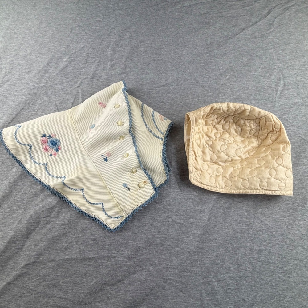 Vintage Baby Bonnet Set of 2 Cream Quilted Floral Embroidery Infant Accessory